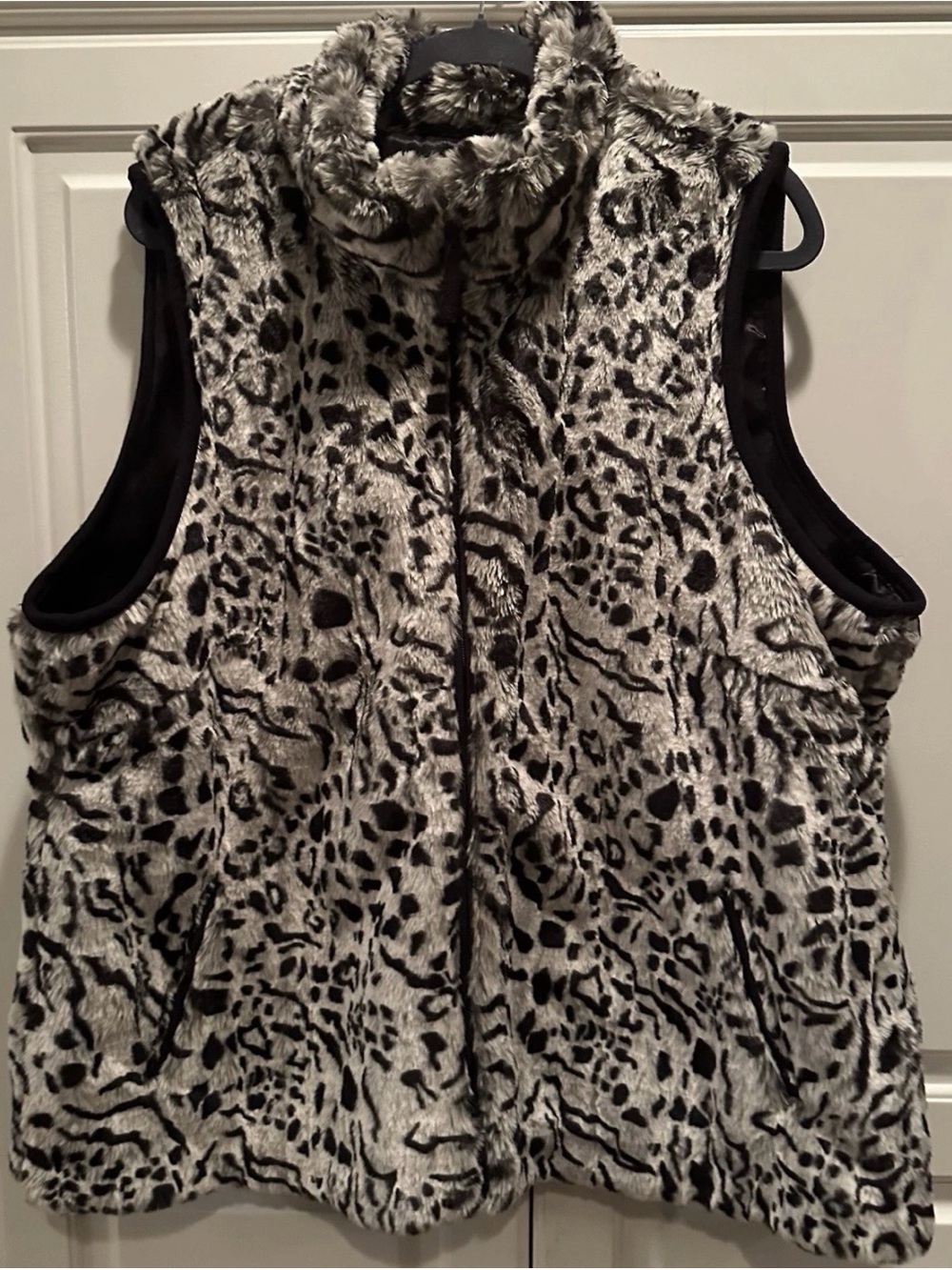 Coldwater Creek Black and Gray Faux Fur Animal-Print Vest
